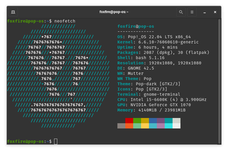 Terminal window with a neofetch command shown.